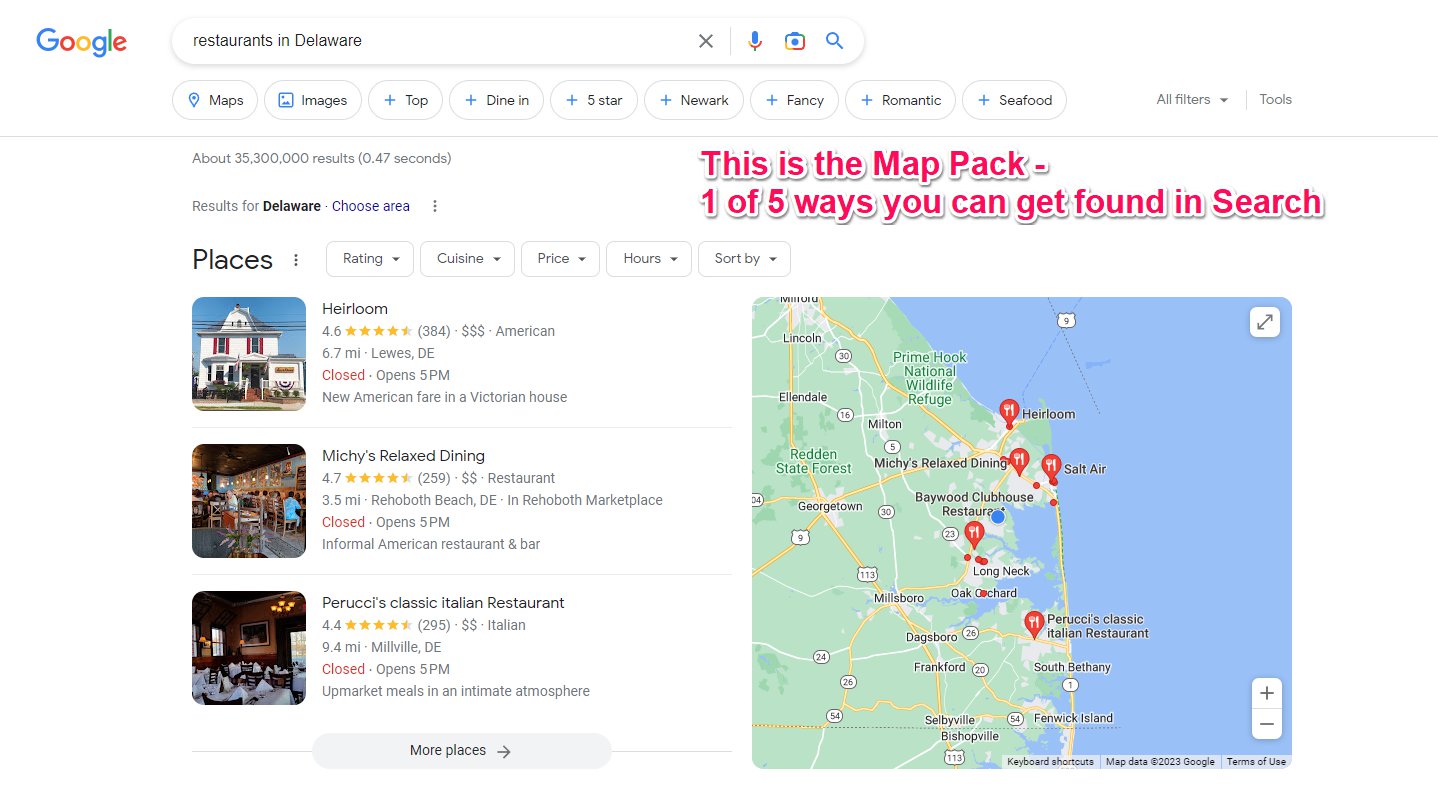This is the Map Pack - 1 of 5 ways you can get found in Search in Delaware Google results
