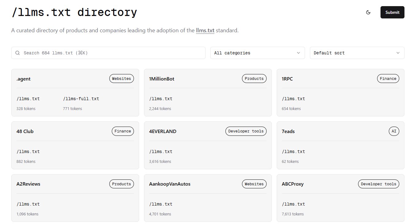 /llms.txt directory

Submit
A curated directory of products and companies leading the adoption of the llms.txt standard.
